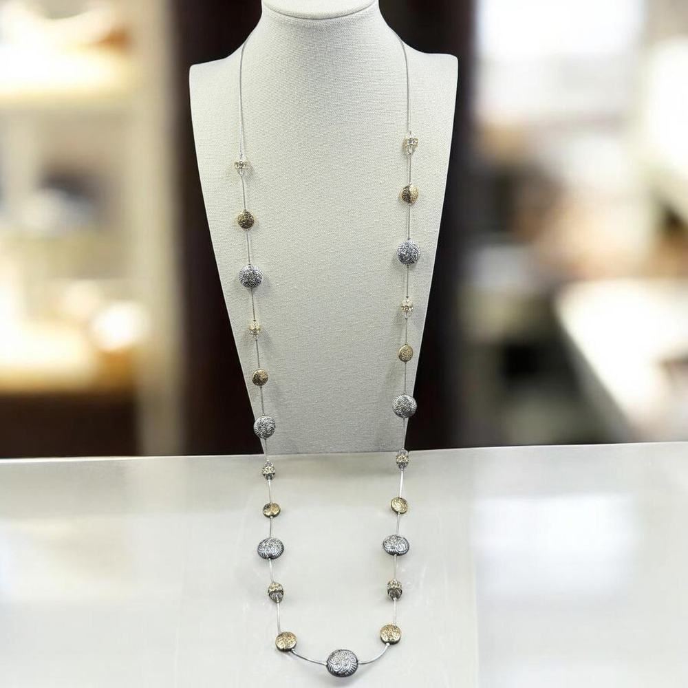 Vintage Two Tone Beaded Necklace Long Layered Silver Gold Statement Boho Chic